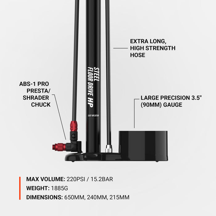 Lezyne Steel Floor Drive Bicycle Bike Tire Floor Pump ABS-1 Pro Valve Max 220 psi